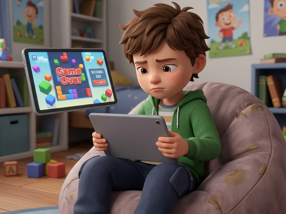 Sad boy holding a tablet displaying a game over screen with score 120