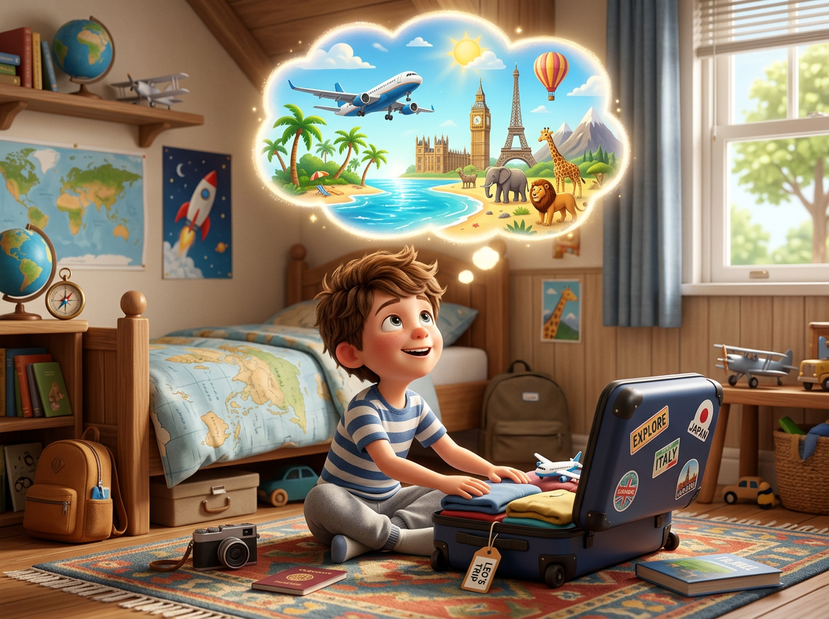 Boy packing suitcase dreaming of global landmarks and wildlife