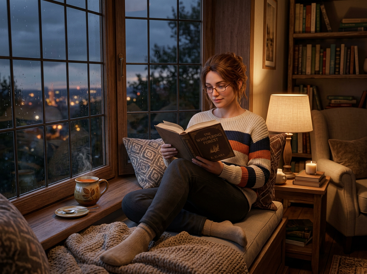 A woman reading a book titled 'The Whispering Forest' in a cozy window seat at dusk