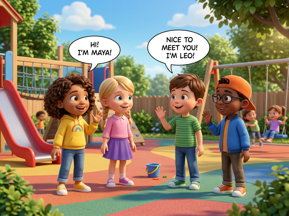 Four children in playground greeting each other with speech bubbles saying Hi! I'm Maya! and Nice to meet you! I'm Leo!