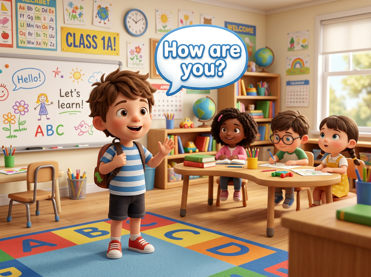 Young boy in striped shirt asking 'How are you?' to classmates in preschool classroom