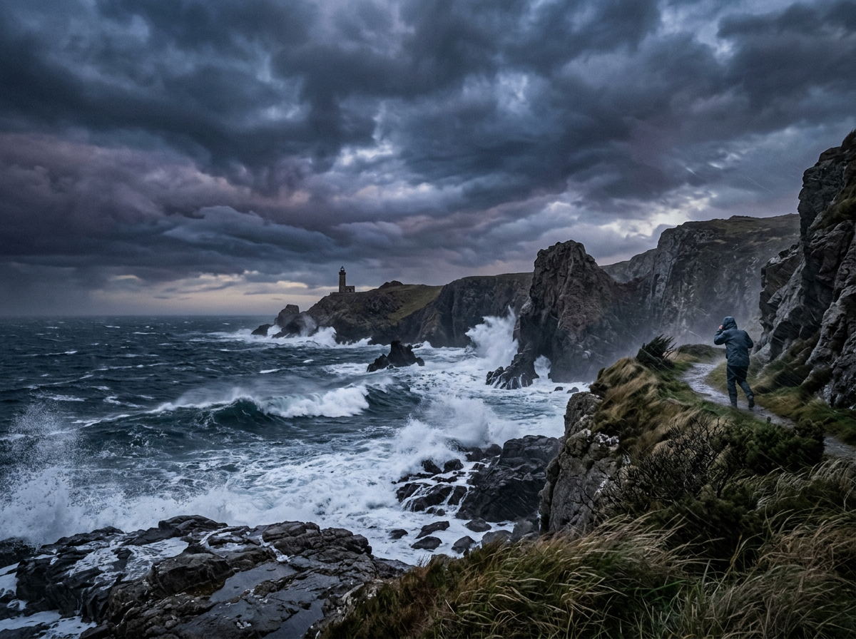 Stormy ocean waves crashing on rocky cliffs with a person taking a photo and a lighthouse in the distance