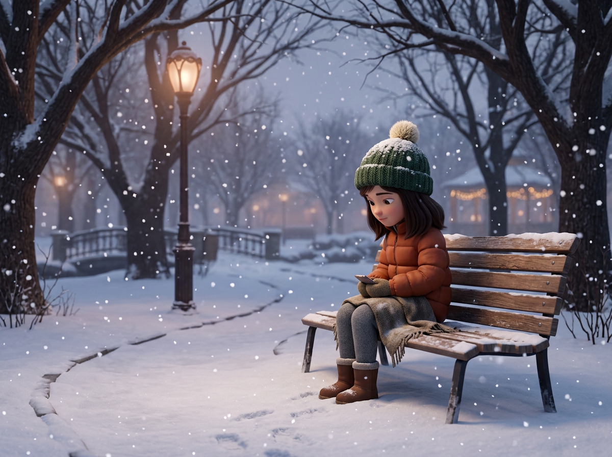 Young girl in winter clothes sitting on a bench in a snowy park looking at a phone