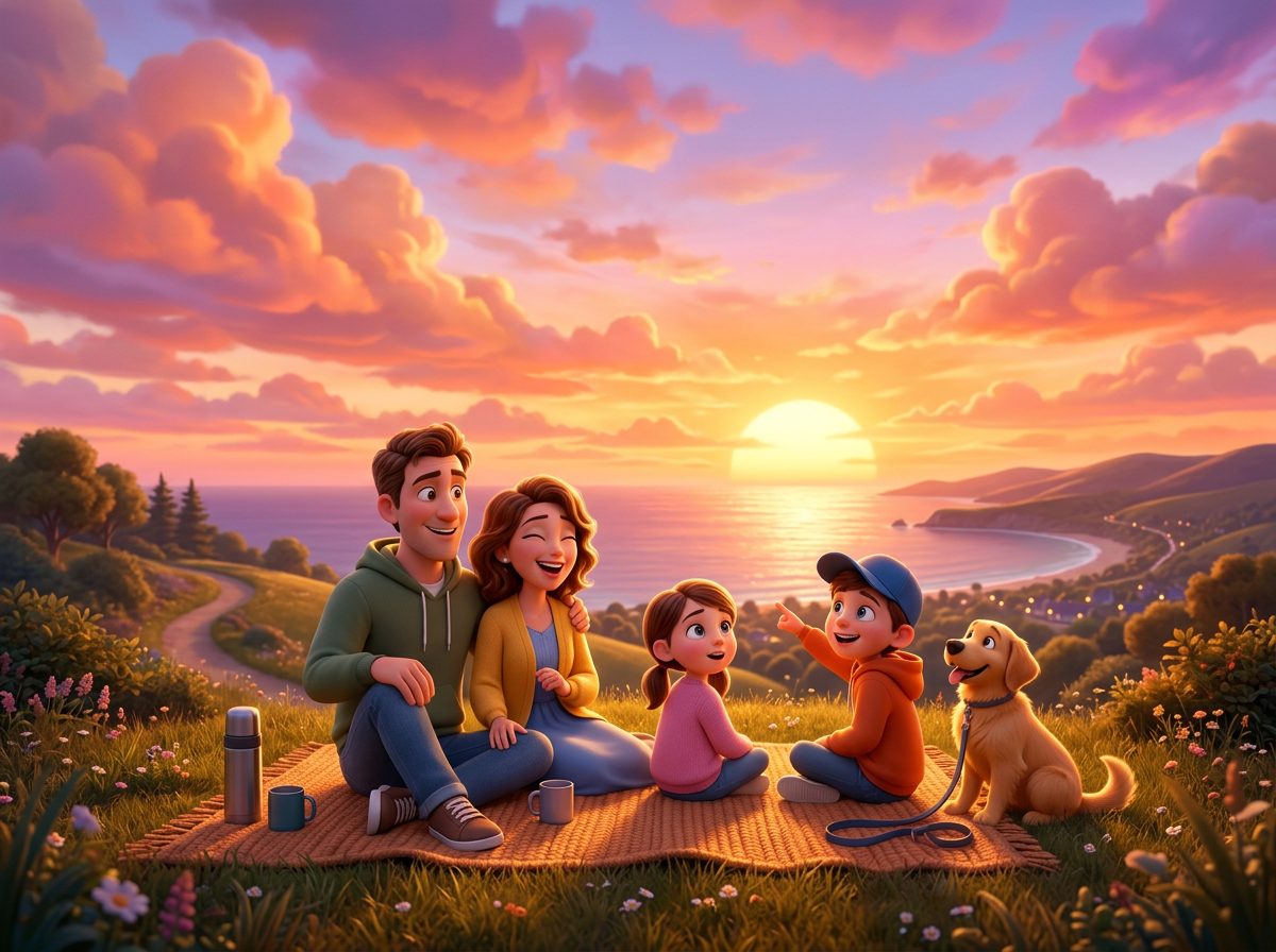 Cartoon family watching sunset, orange pink clouds