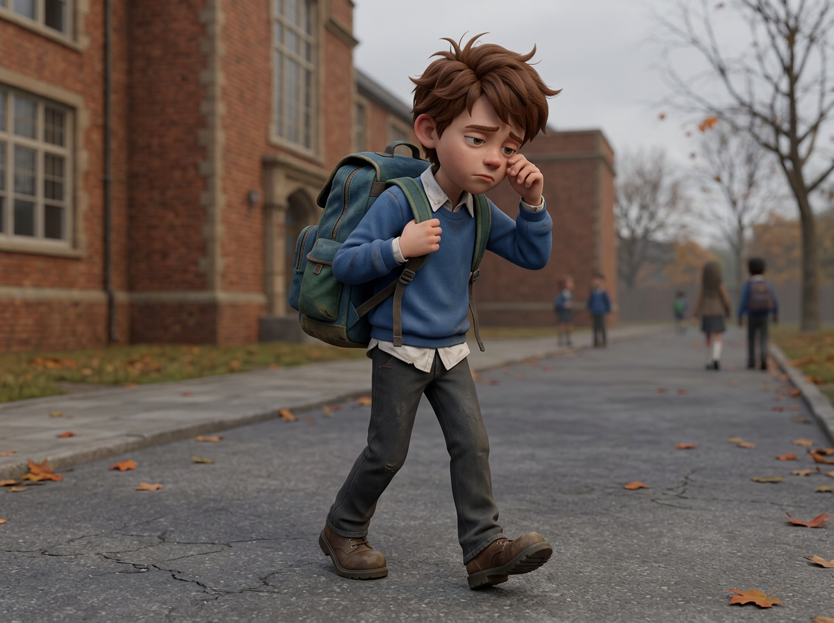 A boy in a blue sweater and backpack rubbing his eye, walking on a cracked sidewalk