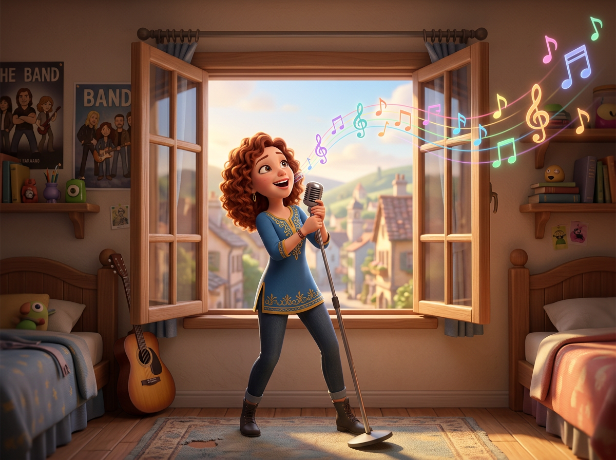 Animated girl singing into a microphone standing by an open window with musical notes