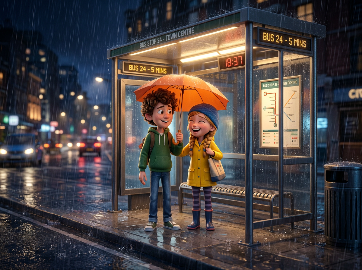 Two animated children, one boy and one girl, sharing an orange umbrella at a rainy bus stop at night