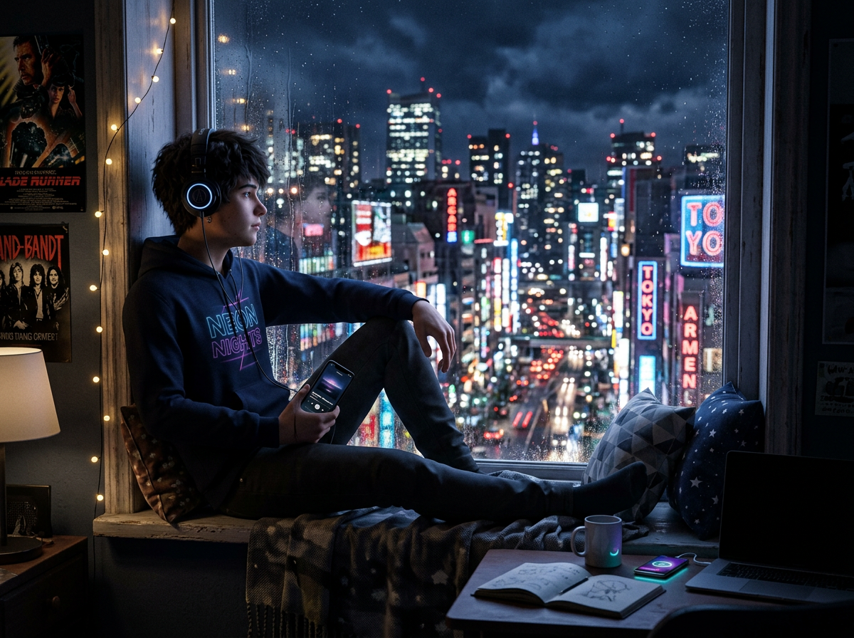 Young person with headphones sitting on a windowsill looking out at a rain-soaked cityscape at night