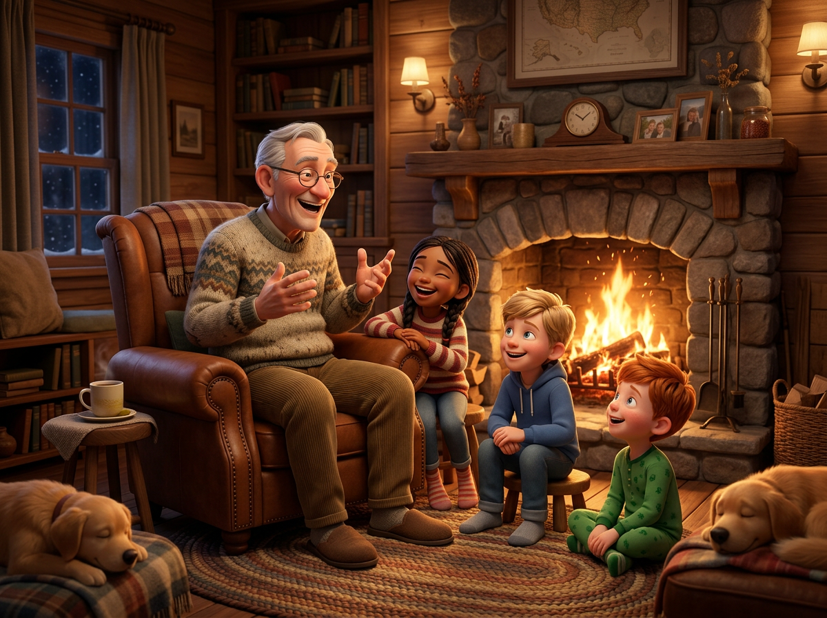 Grandfather animatedly telling a story to three children sitting by a roaring fireplace