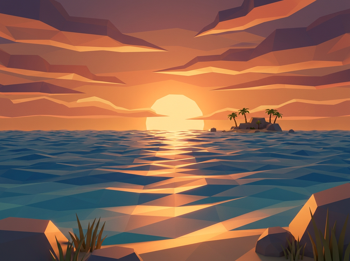 Low-poly sunset over ocean with small island and palm trees