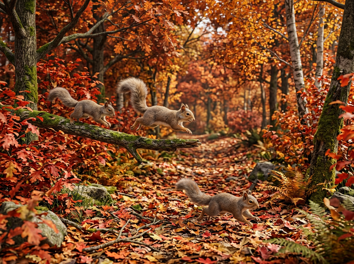 Three squirrels jumping from a tree branch onto a leaf-covered forest path during fall.