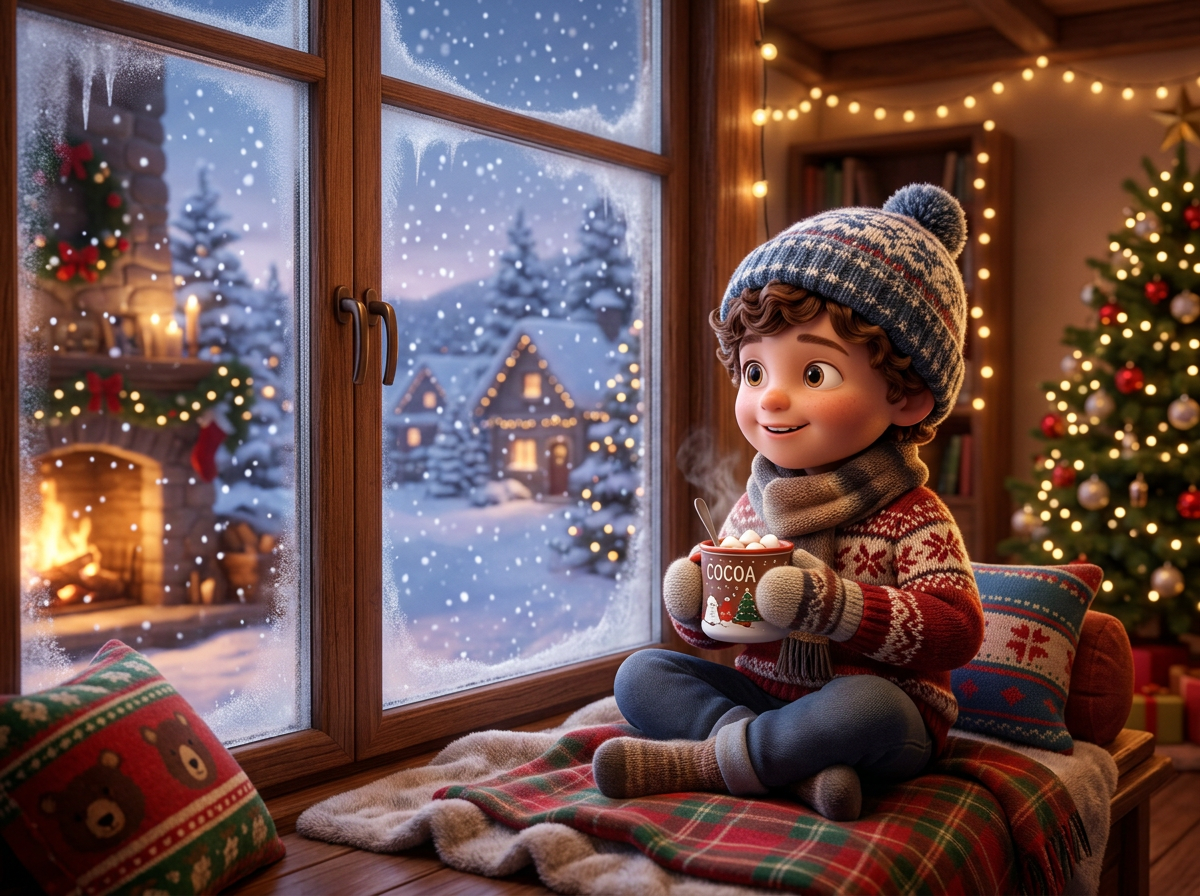 Child sitting by frosted window holding a steaming cup of cocoa with marshmallows