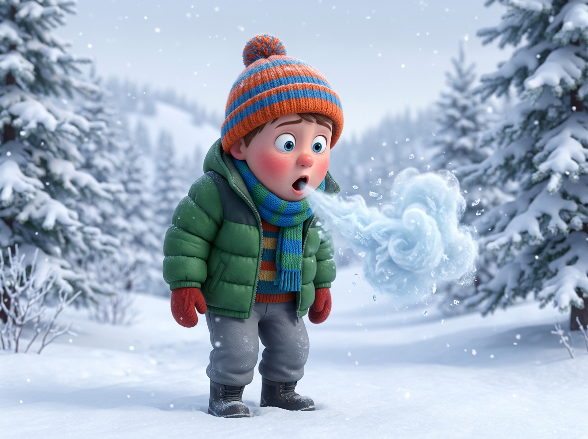 Child wearing a green jacket, striped scarf, and beanie exhaling visible breath in cold snowy environment