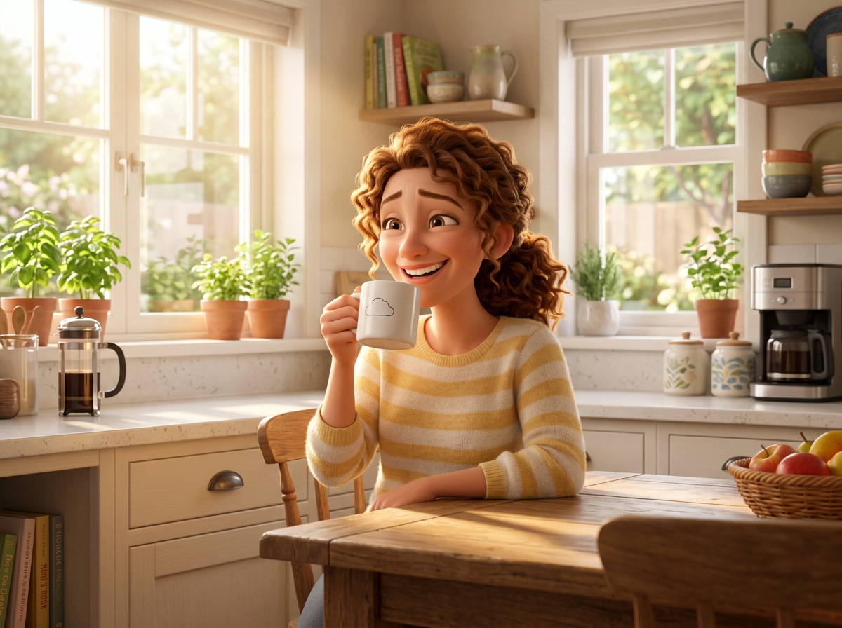 Woman sitting at kitchen table holding a coffee mug with a cloud design, smiling