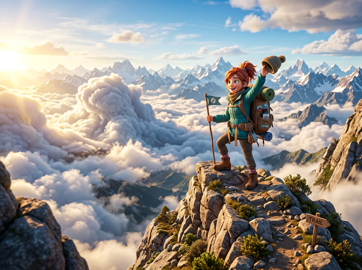 Cartoon traveler on mountain, epic clouds sunlight view