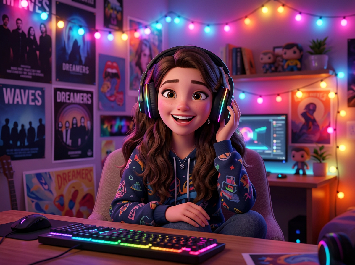Young woman smiling with colorful headphones in a gaming room with rainbow lights and posters