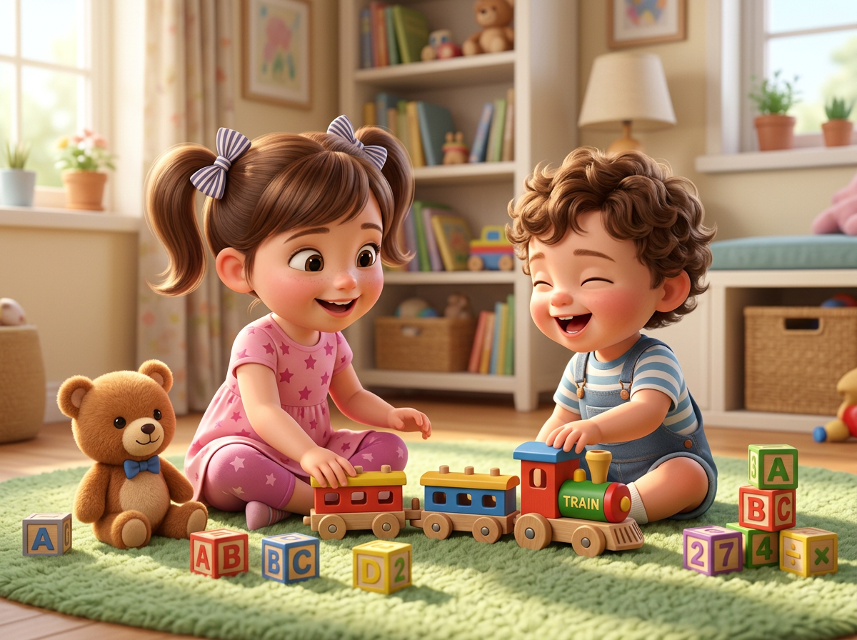 Two children playing with a toy train and alphabet blocks on a rug