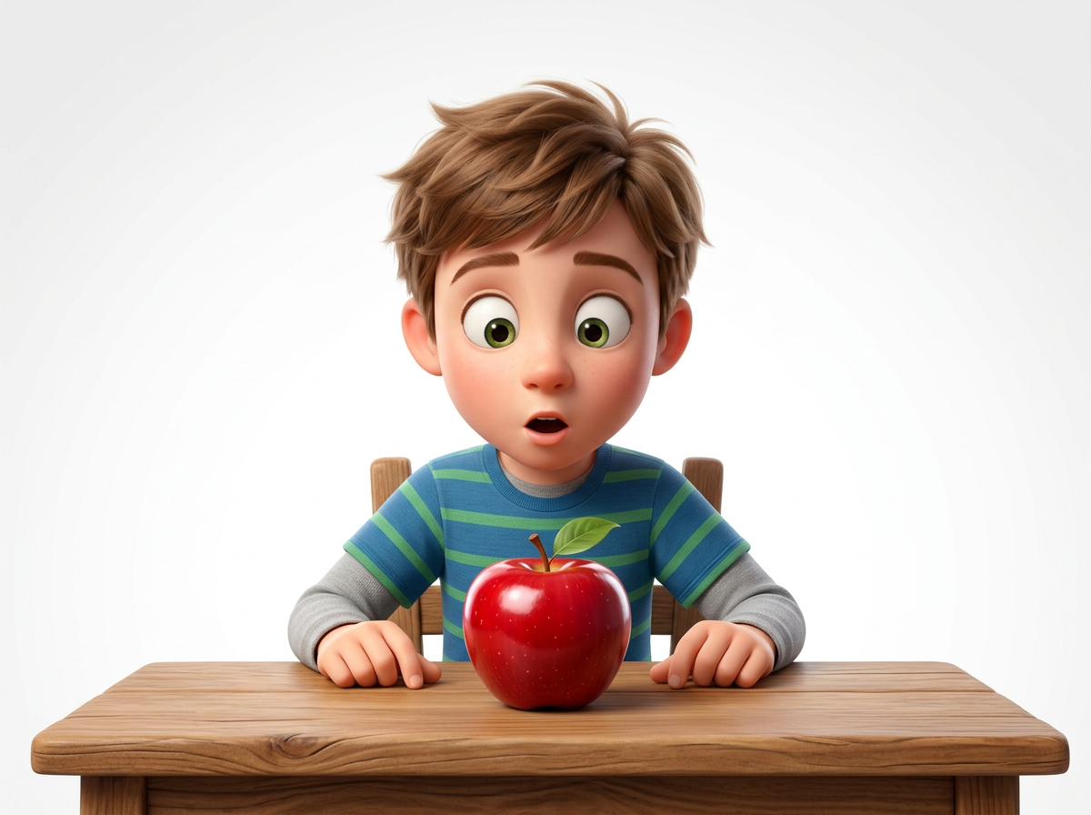 Animated child looking surprised at a red apple on a wooden table