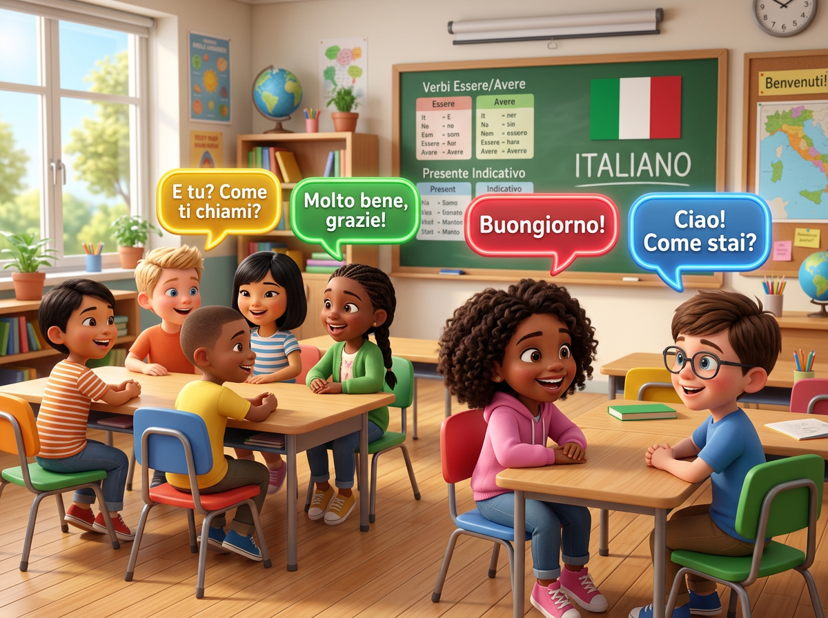 Italian classroom with students and speech bubbles reading “E tu? Come ti chiami?”, “Molto bene, grazie!”, “Buongiorno!”, and “Ciao! Come stai?”; board reads “Verbi Essere/Avere,” “Presente Indicativo,” and “ITALIANO.”