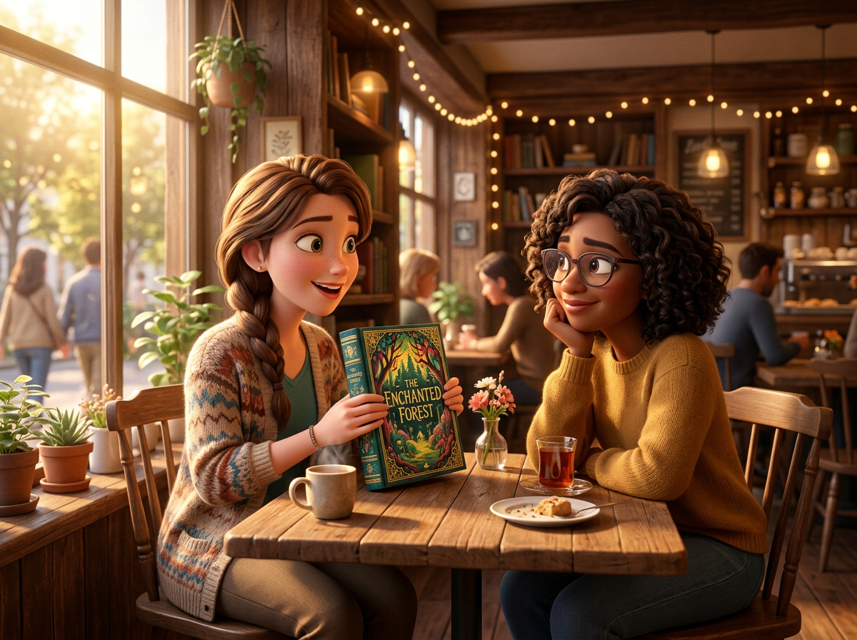 Two friends at a café table holding The Enchanted Forest book