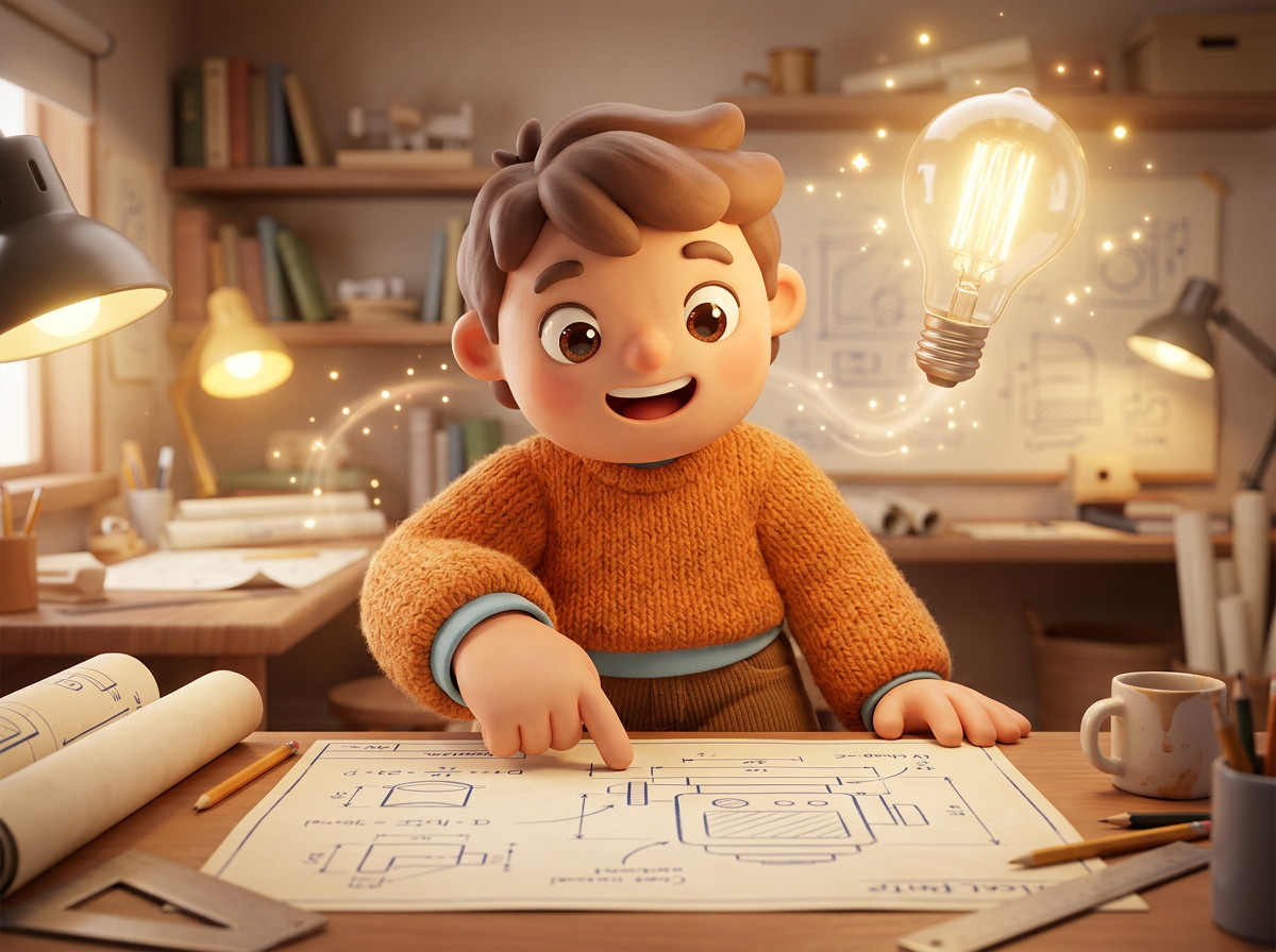 Animated child pointing at a technical blueprint beside a glowing light bulb