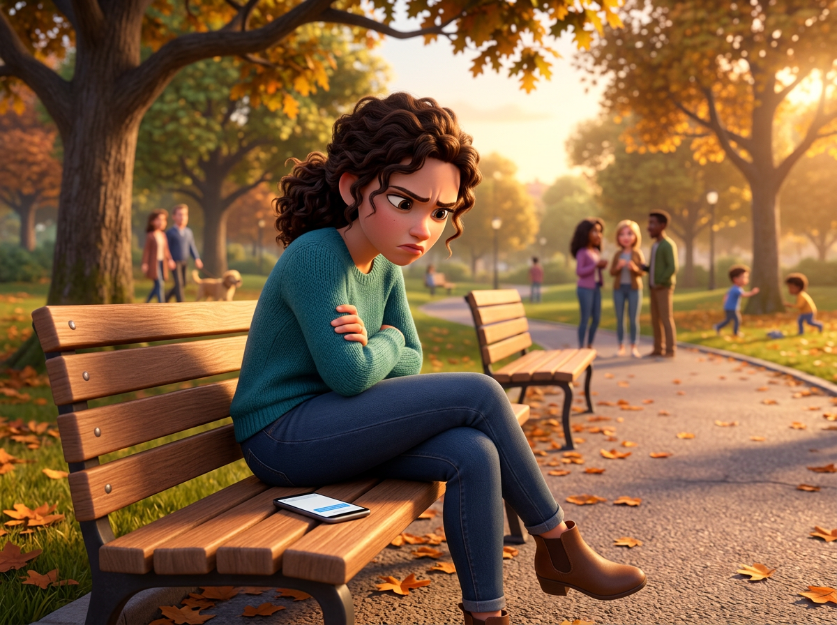 Concerned woman sitting alone on a park bench in an autumn park