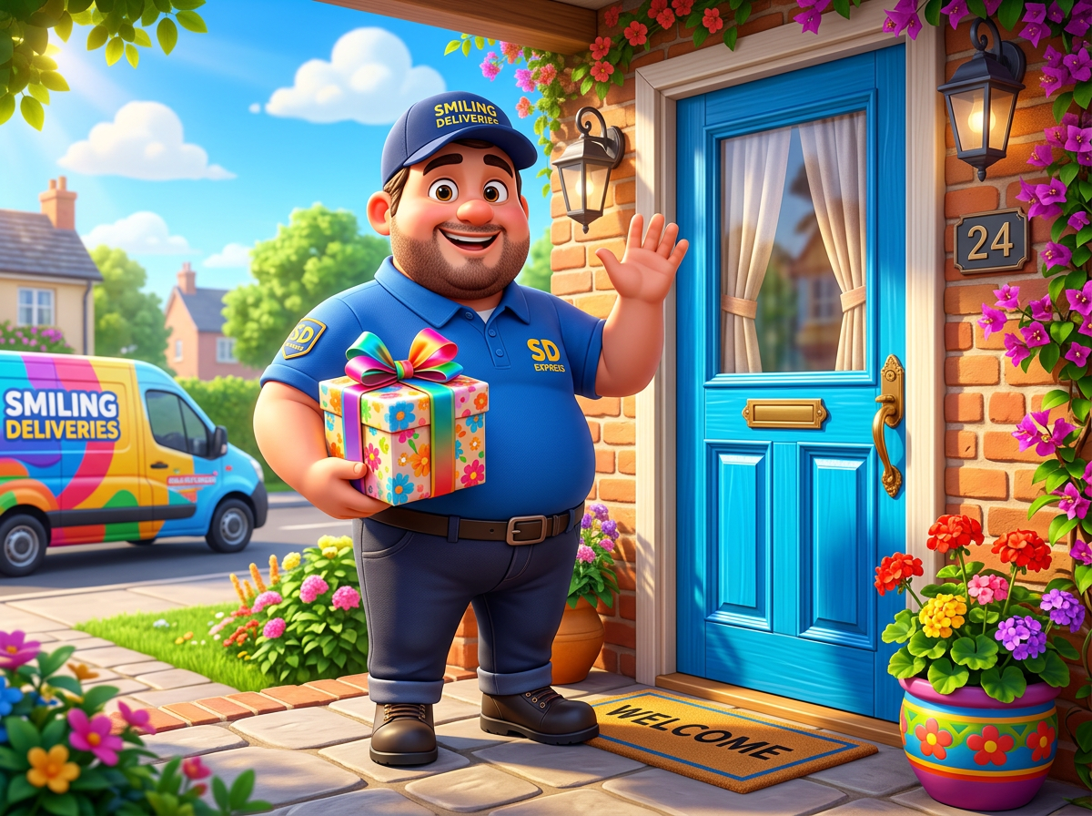 Smiling delivery driver holding a gift outside a blue door