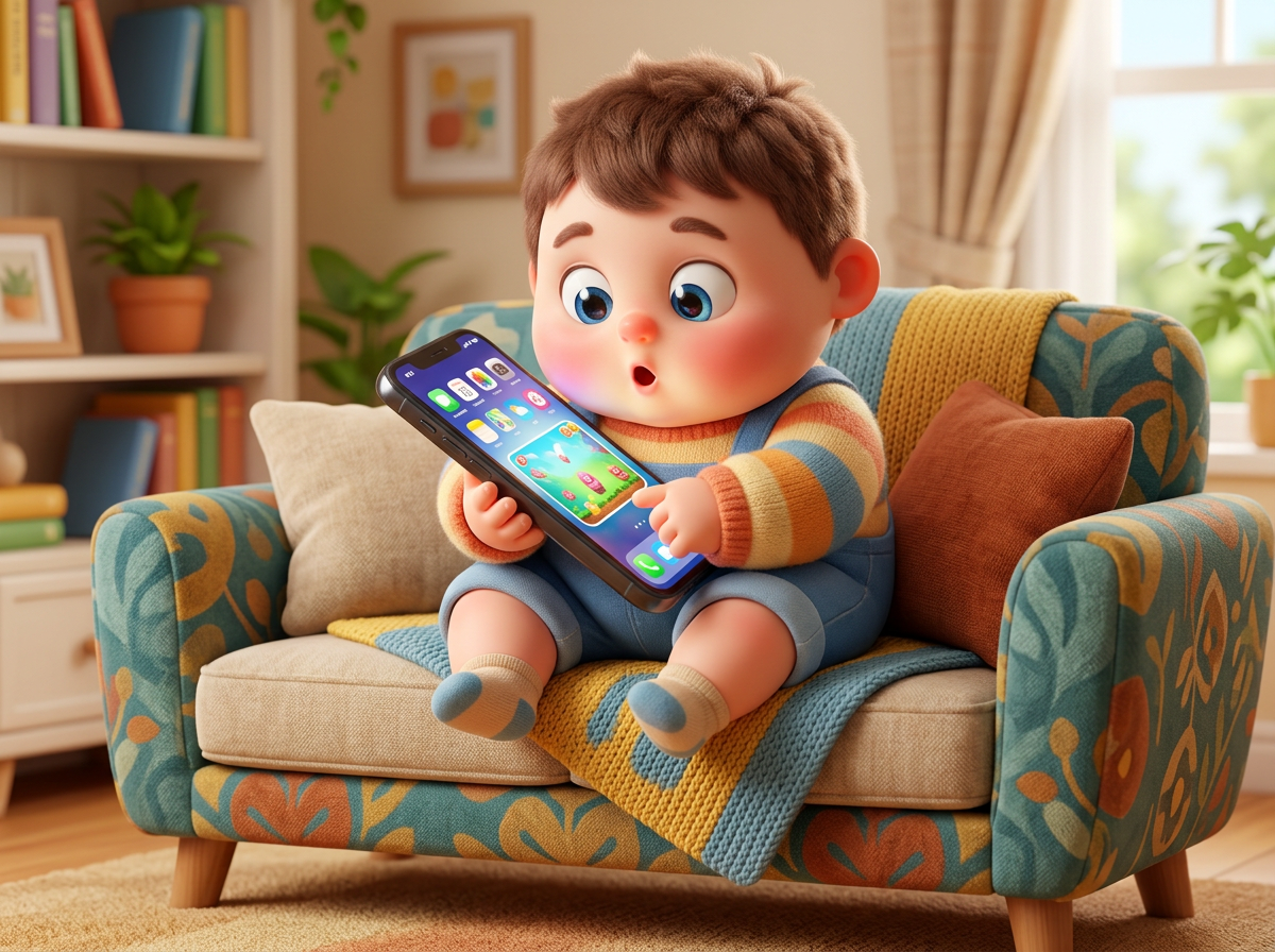 Animated child sitting in an armchair and holding a smartphone