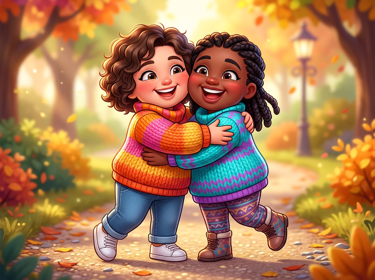 Two smiling children hugging on an autumn park path