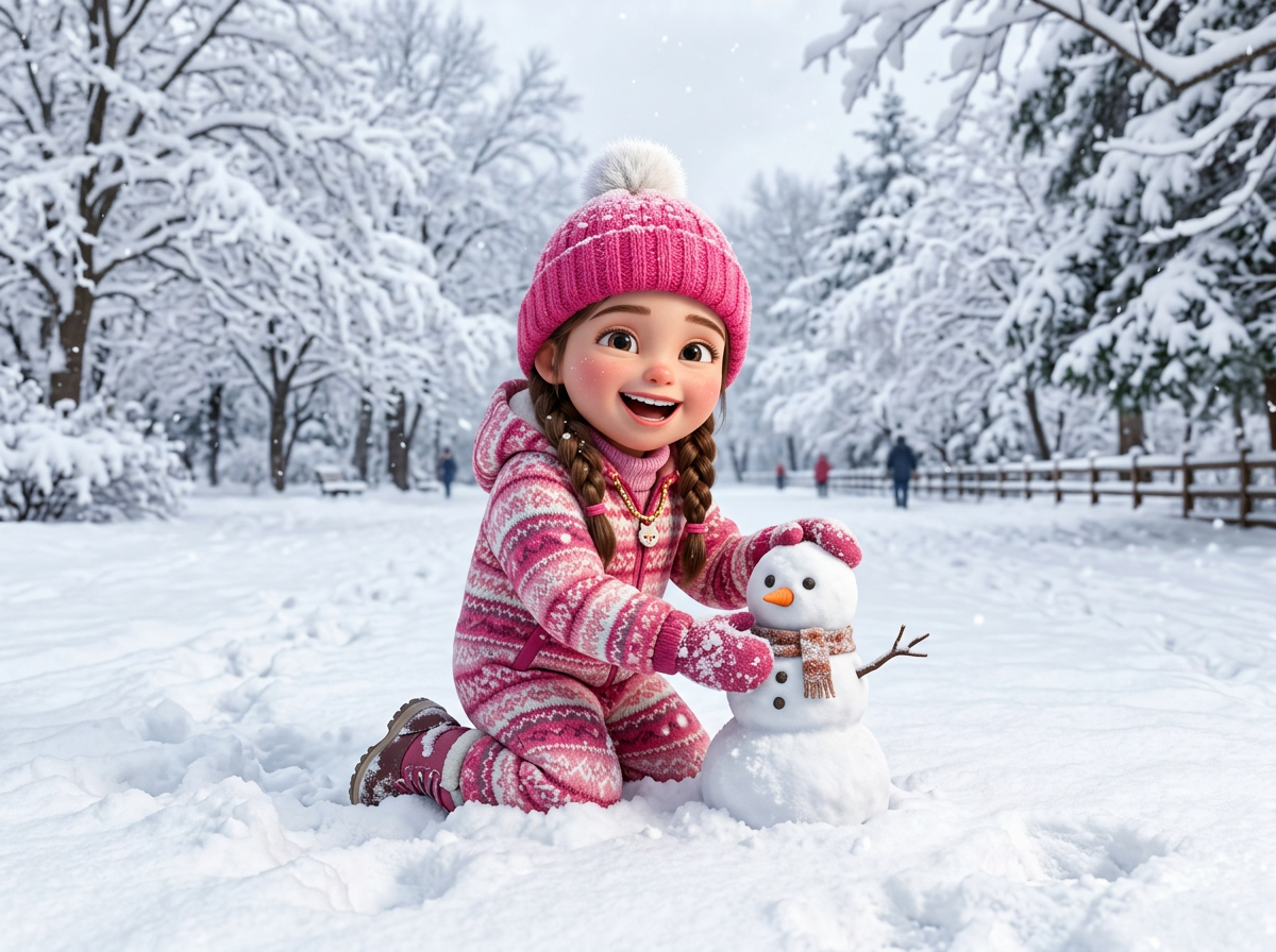Child in pink winter clothes building a small snowman in a snowy park